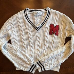 H&M White Cable Knit Sweater with Red Letter Patch